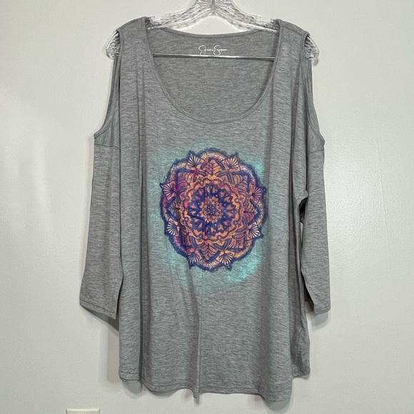 Jessica Simpson Coud shoulder 3/4 Sleeves Graphic Top Sz 2X - Picture 1 of 5